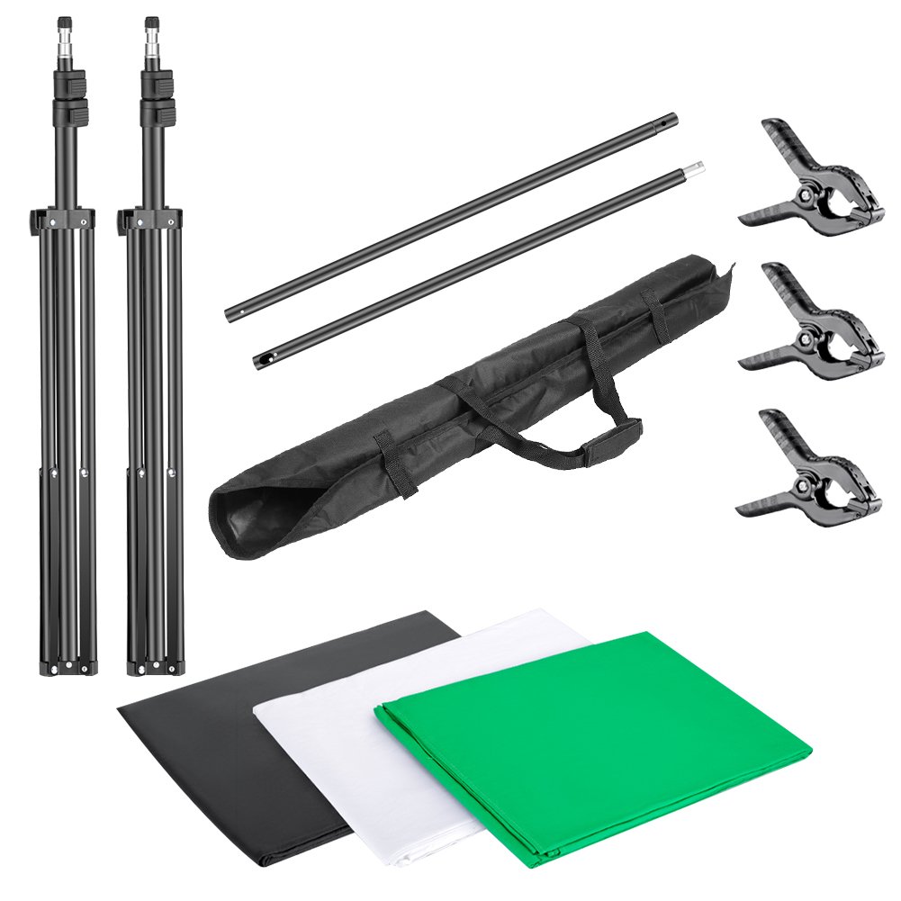 Neewer 2 x 2 metri Sistema di Supporto Decori con Sfondo di 1,8 x 2,8 metri (Bianco/Nero/Verde) e Morsetto di Fissaggio per Fotografia Ritratto Video Riprese