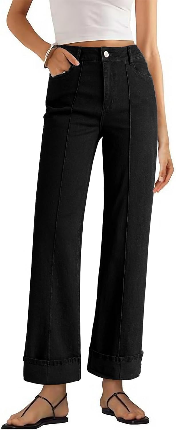 Sidefeel Women's Wide Leg Cuffed Jeans High Waisted Baggy Stretchy Denim Pants with Pockets