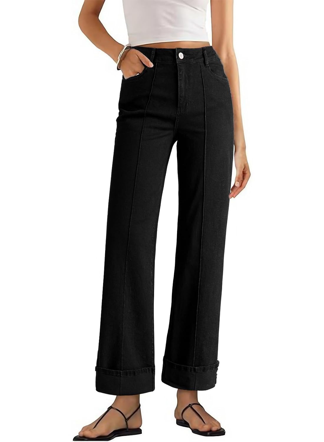 Sidefeel Wide Leg Cuffed Jeans, High Waisted