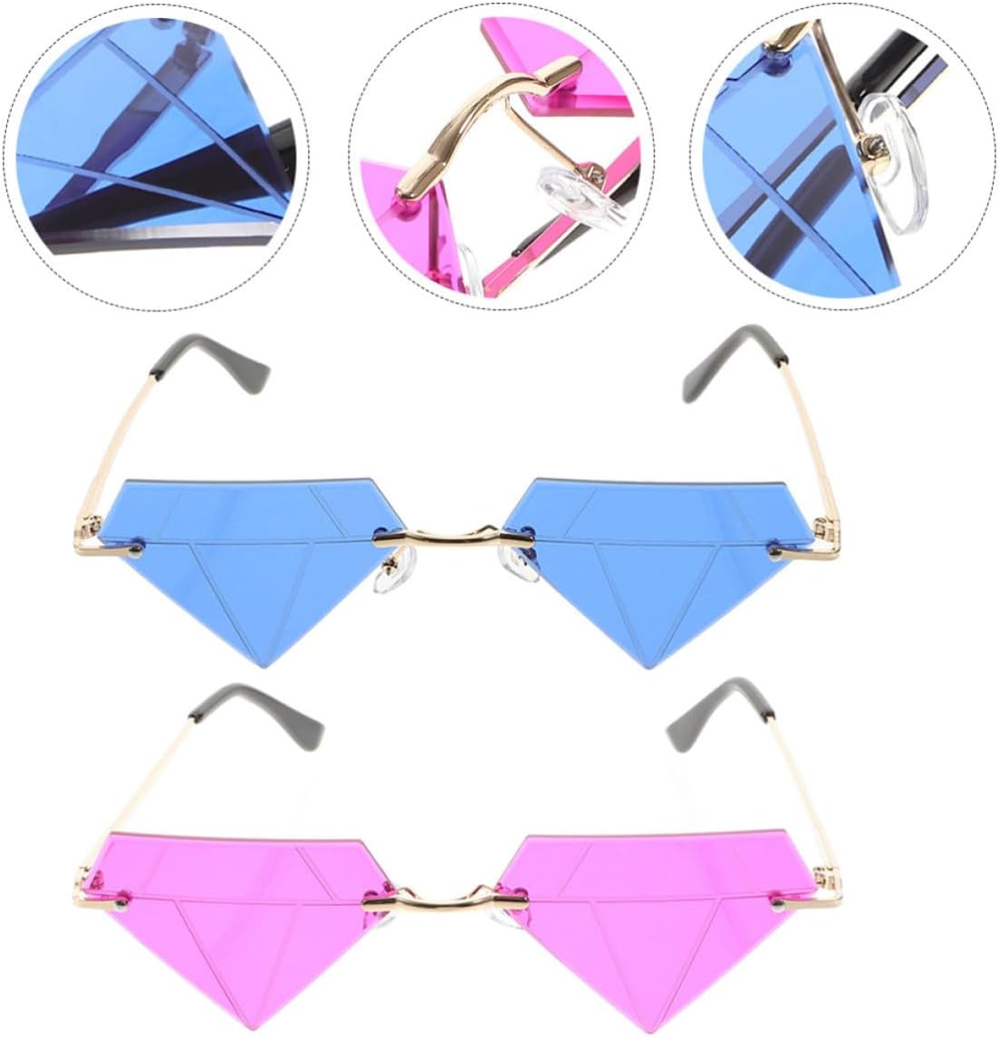 BESPORTBLE Funny Rimless Diamond Shaped Sunglasses Costume Accessory 2pcs Lightweight Unique Shape Eyewear for Men Women Party and Daily Life