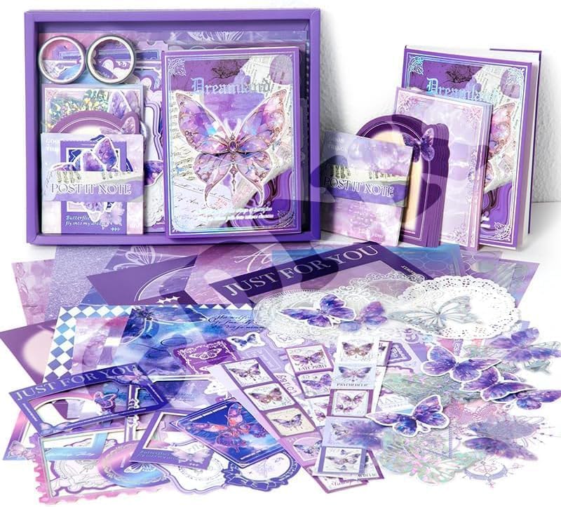 Image of yifely Paper Vintage Aesthetic Scrapbook Kit Scrapbooking Supplies Kit with Bullet Junk Journal,Stationery,A6 Grid Notebook with Graph Ruled Page DIY Journaling Gift for (Dreamland, Purple)