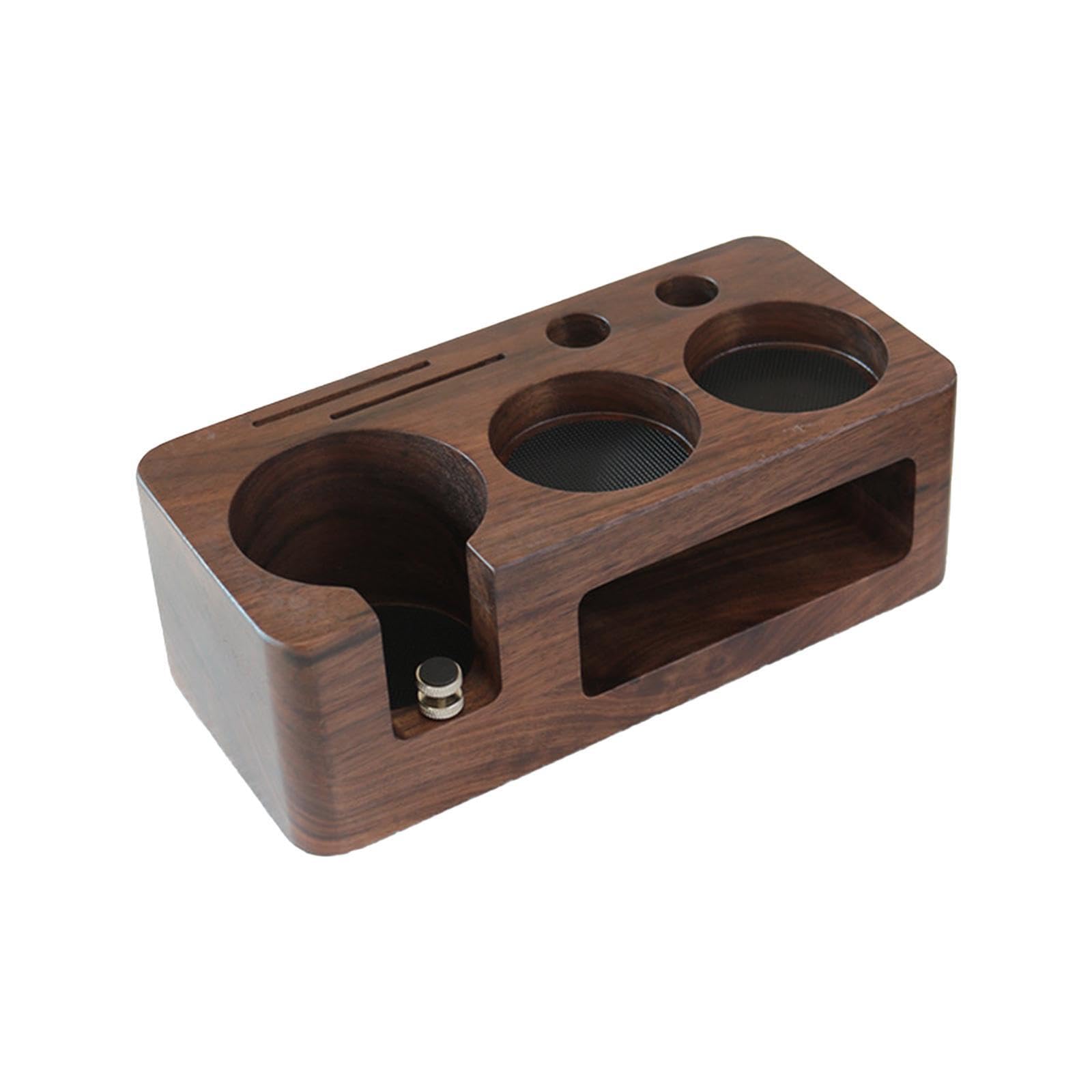 Kaffeetamperstation mit Rutschfester Matte, robustem Holzständer, einzigartigem Siebträgerhalter und Kaffeezubehör.