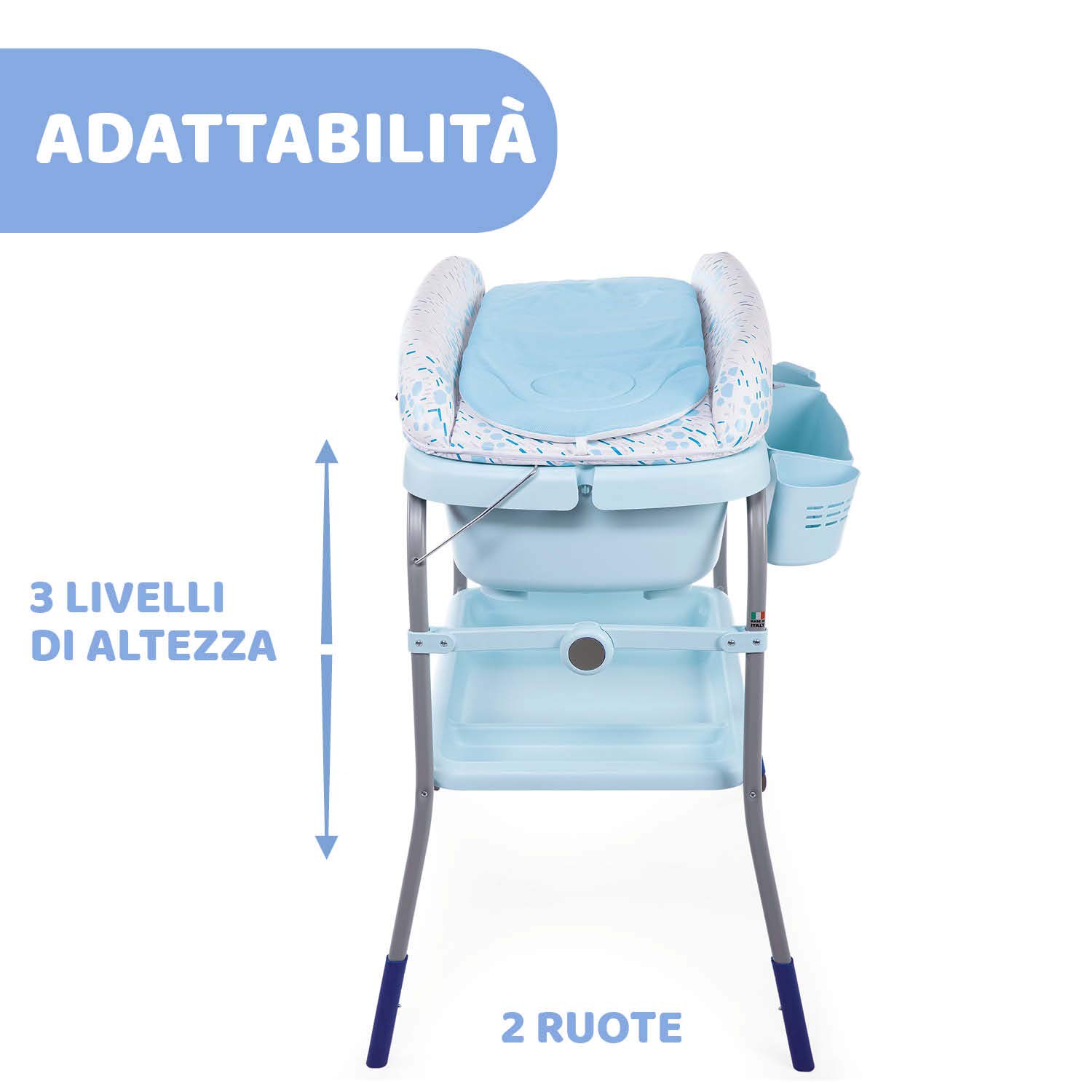 Chicco Cuddle & Bubble Vaschetta Bagnetto Fasciatoio Neonato Ergonomico con Materassino e Morbido Riduttore, Altezza Regolabile, Chiusura Compatta, Parent Organizer 2 Ruote, Max 11kg - Ocean, Azzurro