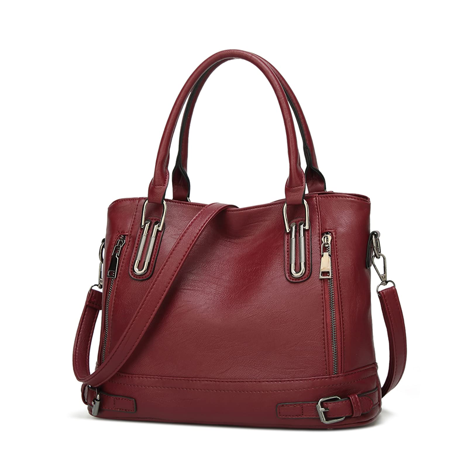 FANDARE Leichte Handtschasche Vintage Schultertasche Damen Umhängetasche Frauen Schulranzen PU Leder Wasserdicht für Shopper Reisen Arbeitstasche Messenger Tote Bags Weinrot