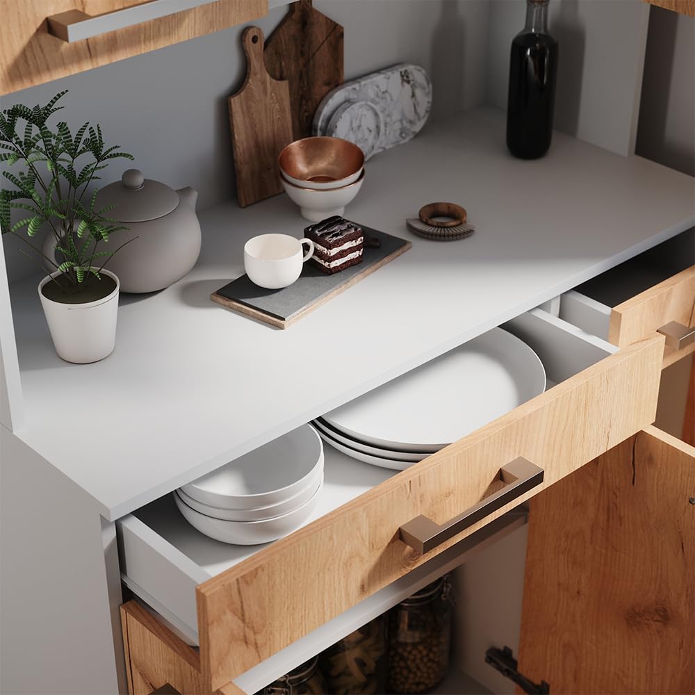 Vicco Küchenbuffet Raul, Weiß/Goldkraft Eiche, 100.1 x 188.5 cm | mit 5 Türen & 2 Schubladen, mit offener Geräteablage und erweiterbarem Stauraum