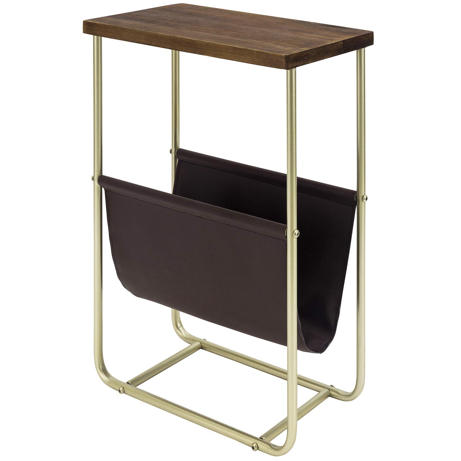 MyGift Living Room Side Table, Dark Brown Burnt Wood End Table and Brass Tone Metal Frame with Leatherette Magazine Holder Basket Sling