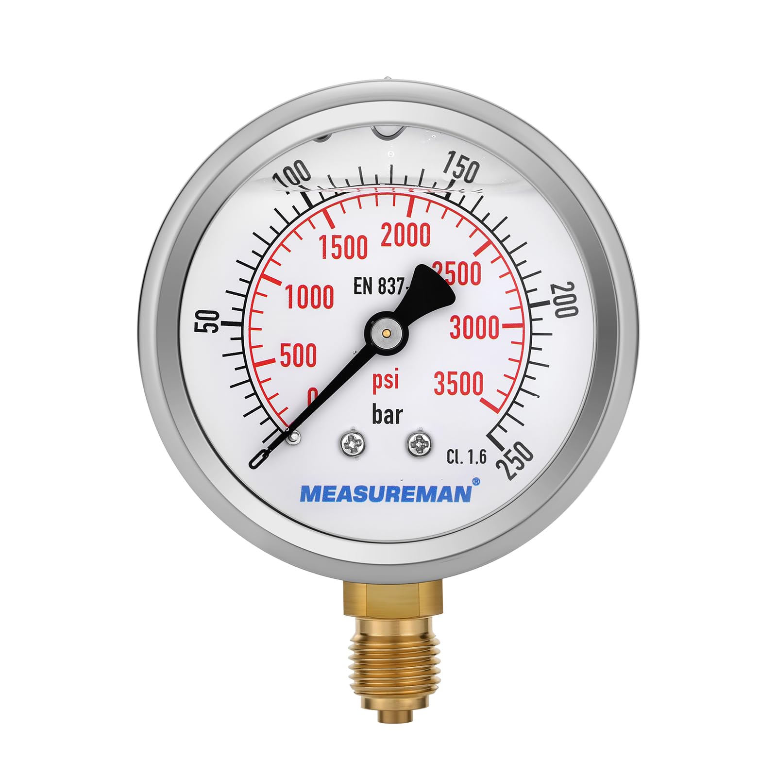 Manomètre, Manomètre Glycérine 2,5 pouces, 0-250 bar, boîtier en acier inoxydable 304, raccord inférieur 1/4" BSP