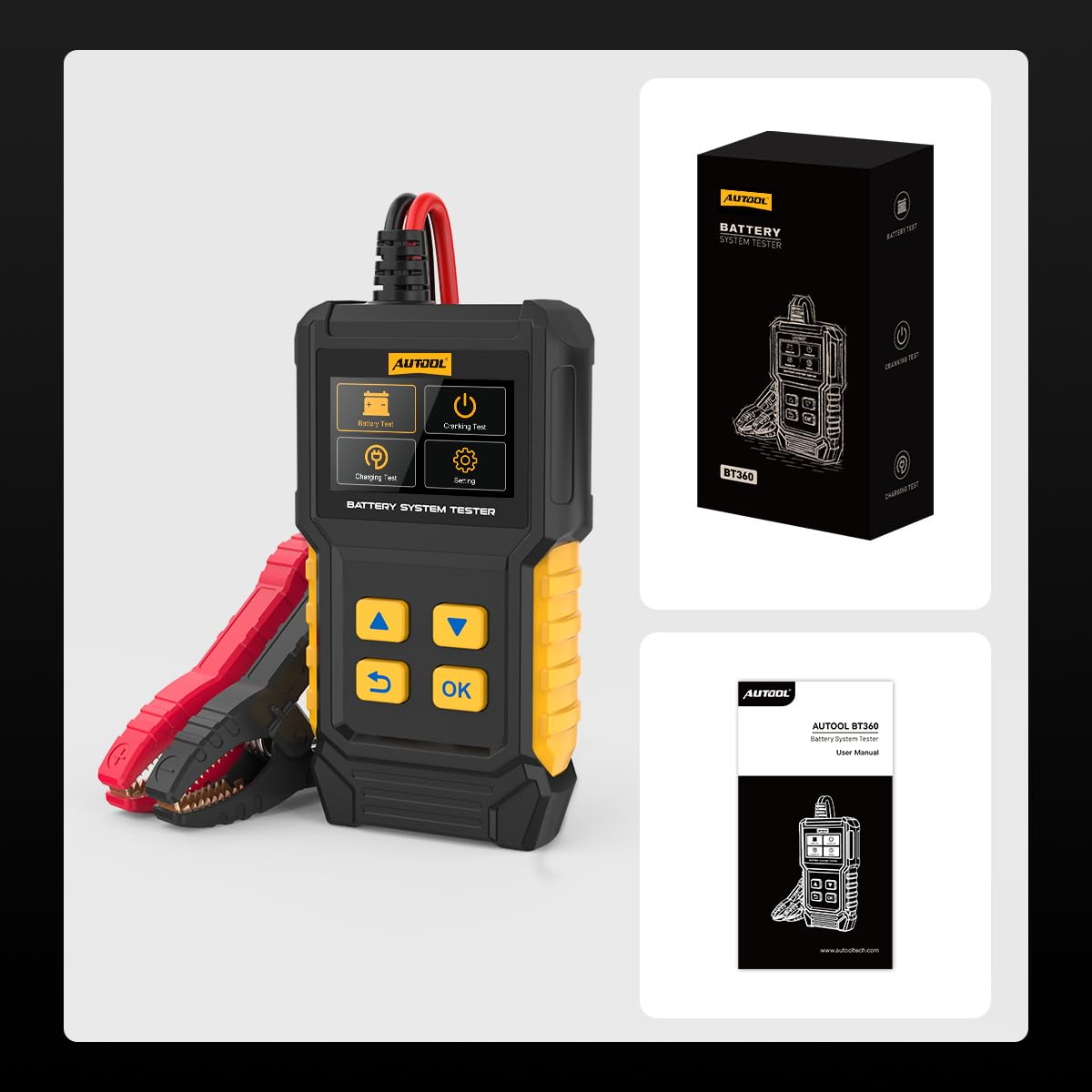 AUTOOL BT360 Testeur de batterie de voiture 12 V 24 V 30-2000 CCA Testeur de batterie de voiture Analyseur de système de charge et de chargement pour voitures, motos, camions, bateaux, véhicules