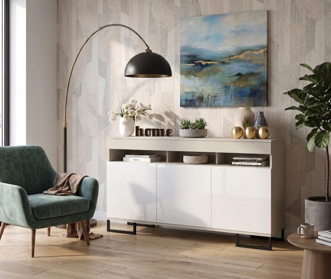Euro Style Große Kommode Fernsehschrank Sideboard Tv Lowboard 120cm Kaschmir/Weiß Hochglanz