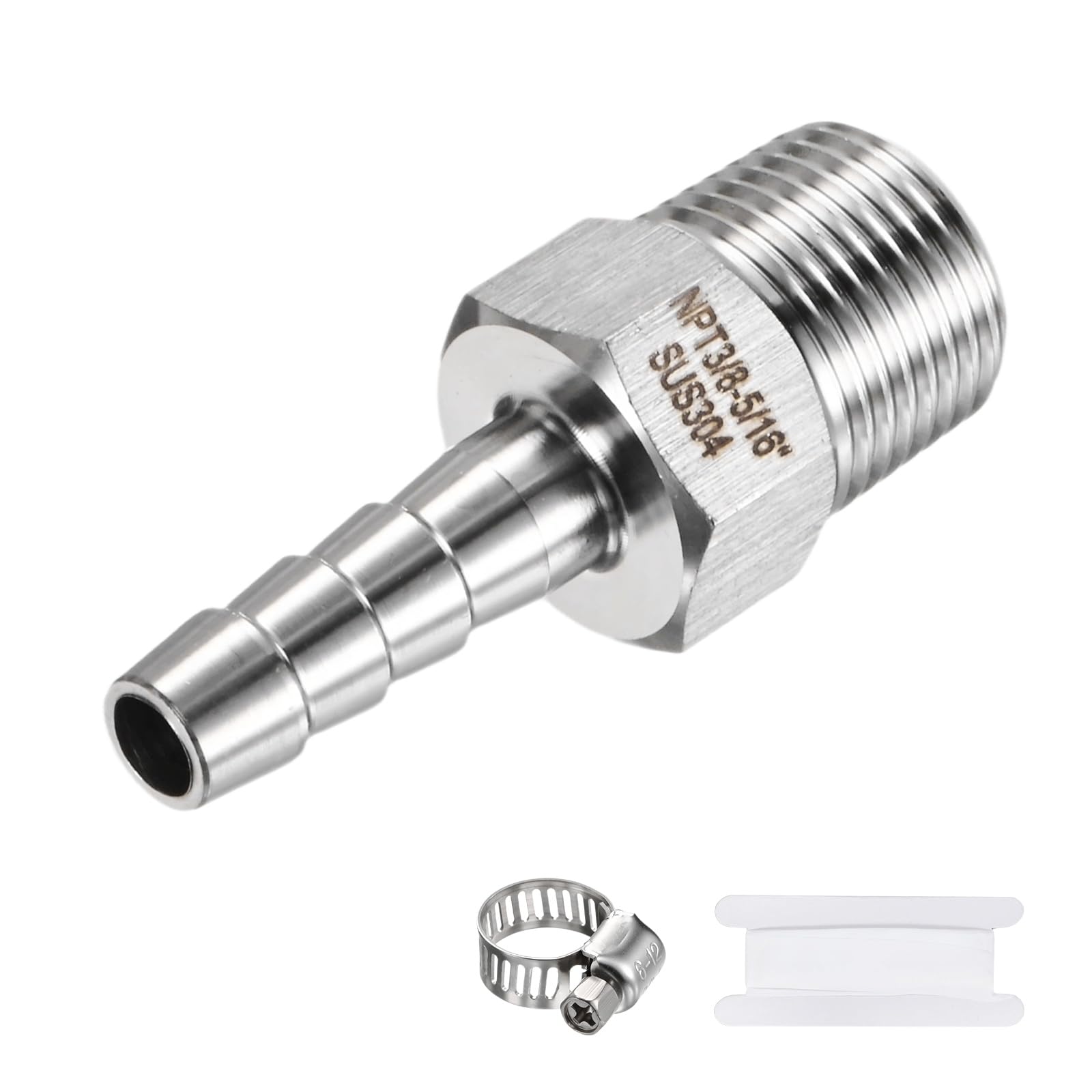 M METERXITY 1-Pack Garden Hose Adapter, 304 Stainless Steel 5/16" Barb x 3/8" NPT Male Threaded Connector with Sealing Tape & Clamp Garden Hose Convert Fitting for Pipe
