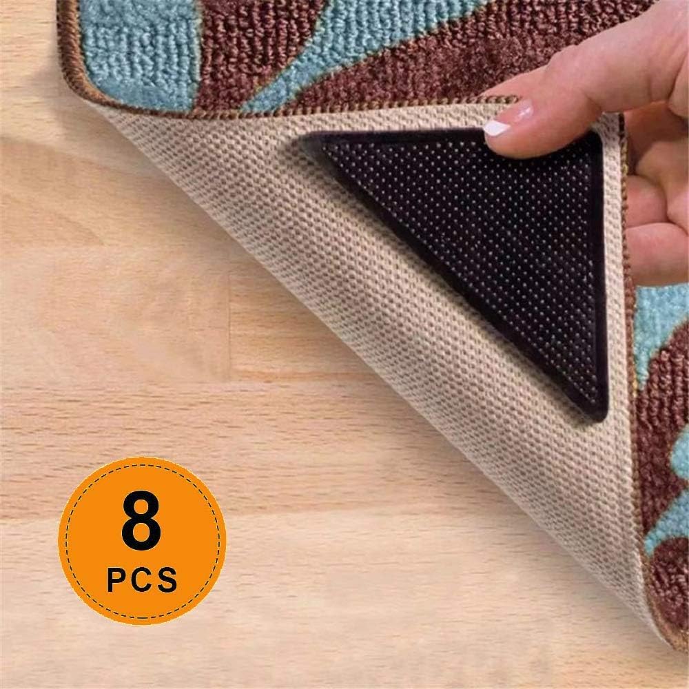 CMISMPRT Rug Gripper - Reusable Carpet Anti Curling Non Slip Area Sticker Keeps Your Rug in Place and Makes Corners Flat Removable Washable Pad for Tile Floors, Carpets, Floor Mats, Wall, Black 8pcs