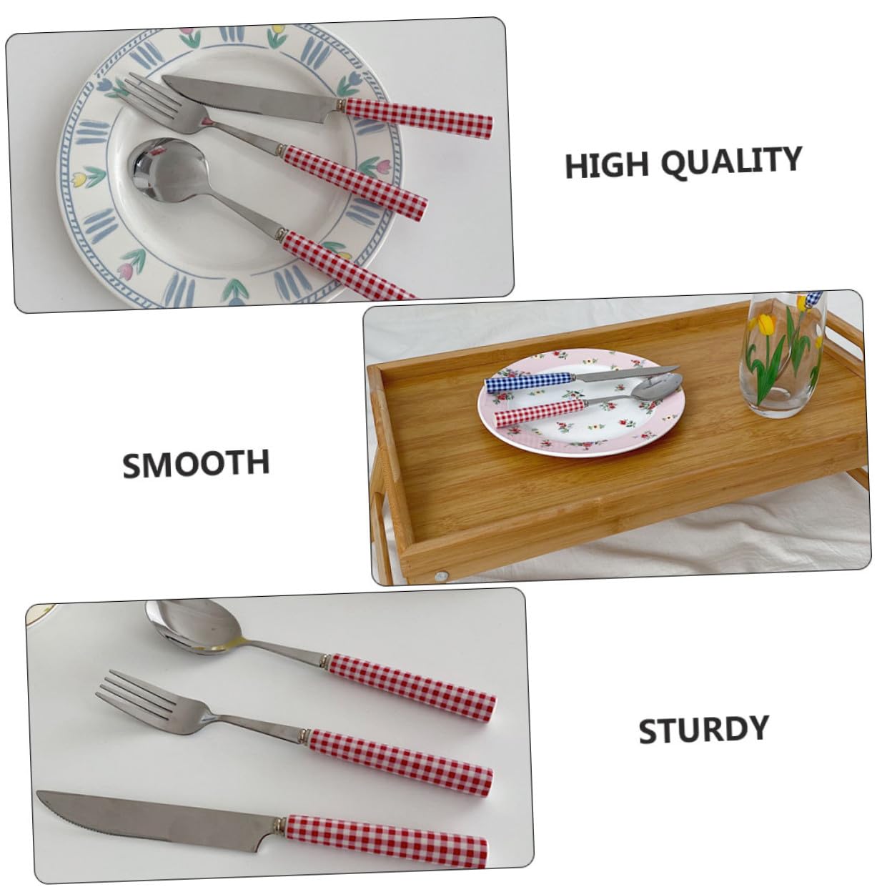 ABOOFAN 2sets Posate Acciaio Inossidabile e Ceramica Stile Francese Per Steak e Dessert Con Manico Ceramica Righe Rosse Per Occasioni Speciali e Cucina Quotidiana