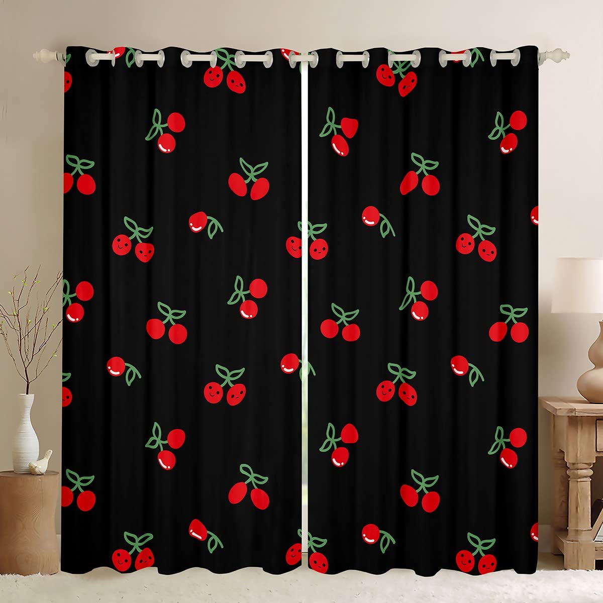 Girls Red Cherry Window Curtains, Kawaii Blackout for Kids Boys Adult Women, Cartoon Fruit Drapes 2 Panels, Cute Cherry for Bedroom Living Room Decor, 42
