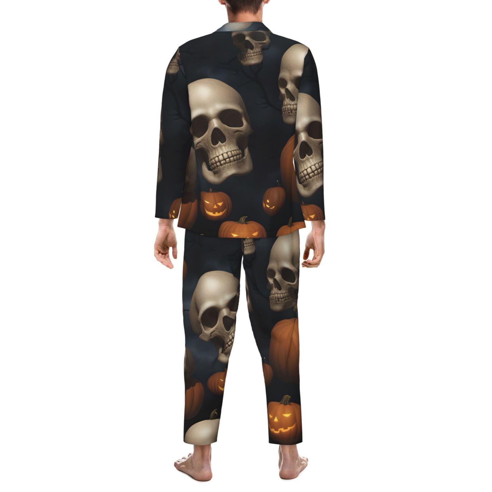 Langärmeliges Pyjama-Set für Herren, Halloween, Totenkopf-Aufdruck, zweiteilig, Hauskleidung, bequeme Nachtwäsche