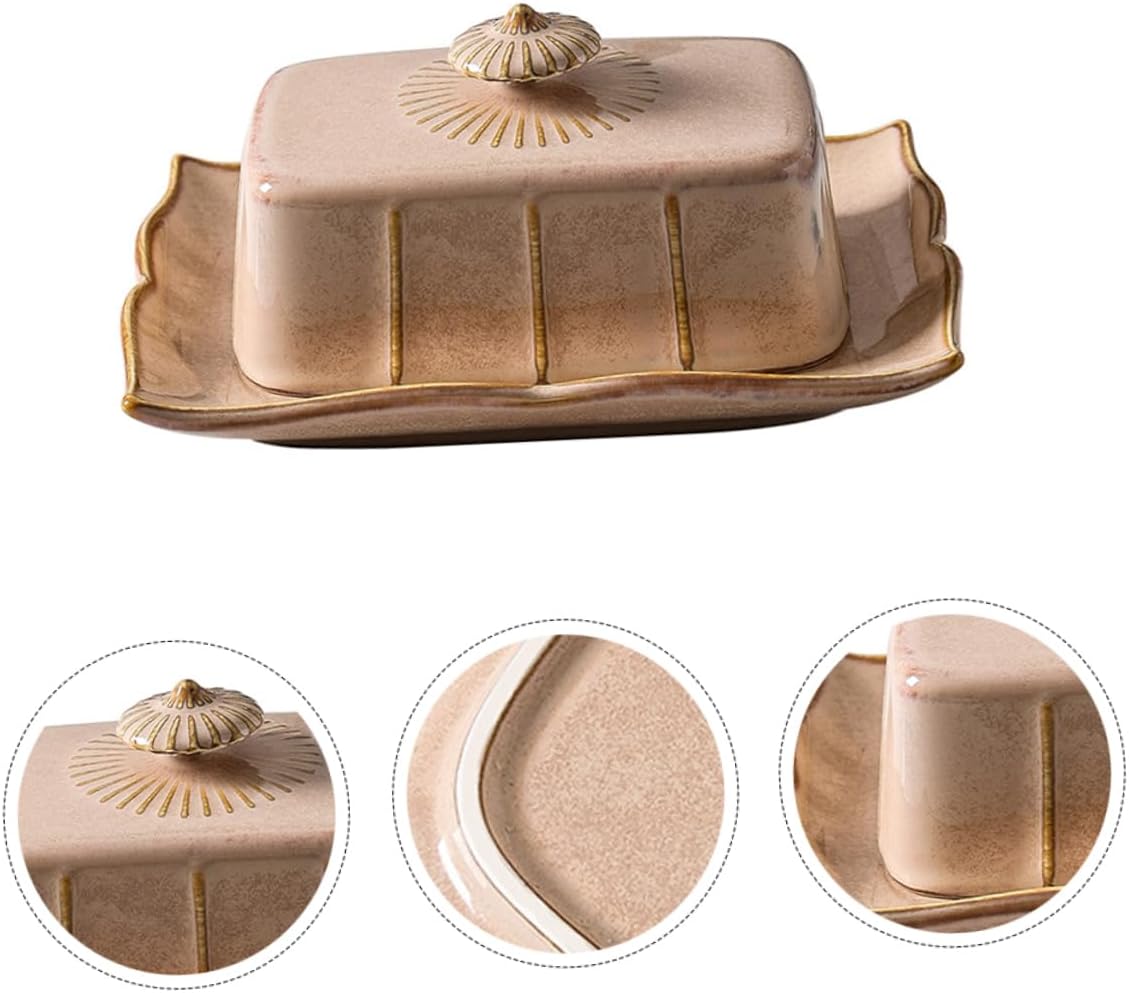 Ceramic Butter Serving Tray with Lid European Butter Dish for Kitchen and Dining Khaki