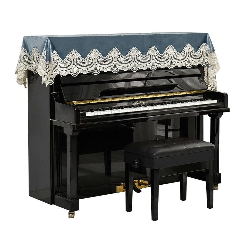 Klavier-Staubschutz, Klaviertastatur-Abdeckung, 200 x 70 cm, blau-goldener Samt, Spitze, Rüschen, Staubschutz for aufrechtes Klavier, mit Hocker-Abdeckung, halber aufrechter Klavierbezug, Stoff, Sonne