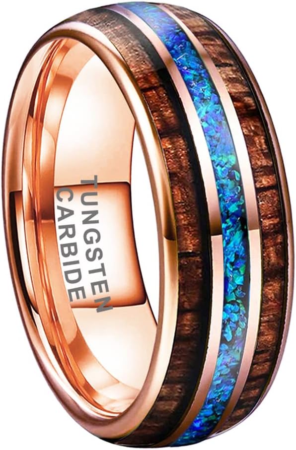 TUTISS 8mm Silver/Black/Gunmetal/Rose Gold Tungsten Rings for Men Women Engagement Wedding Bands Koa Wood Blue Opal Inlay Domed I Love You Engraved Comfort Fit
