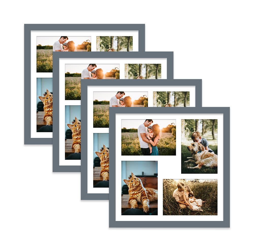 Grey Multi Photo Frame - Holds 4 x 6x4 Pictures, Family Collage Picture Frame for Wall Display, 12x12 Frame size, Set of 4