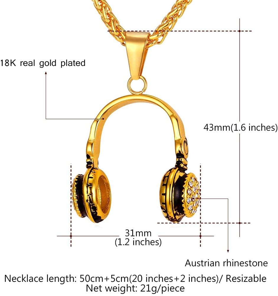 U7 Hip Hop Punk Music Necklace, Guitar Pick/Guitar/Microphone/Headphone Pendant with Chain for Men & Women, Stainless Steel R&B Music Jewelry, Silver/Gold/Black, Customizable - Image 4