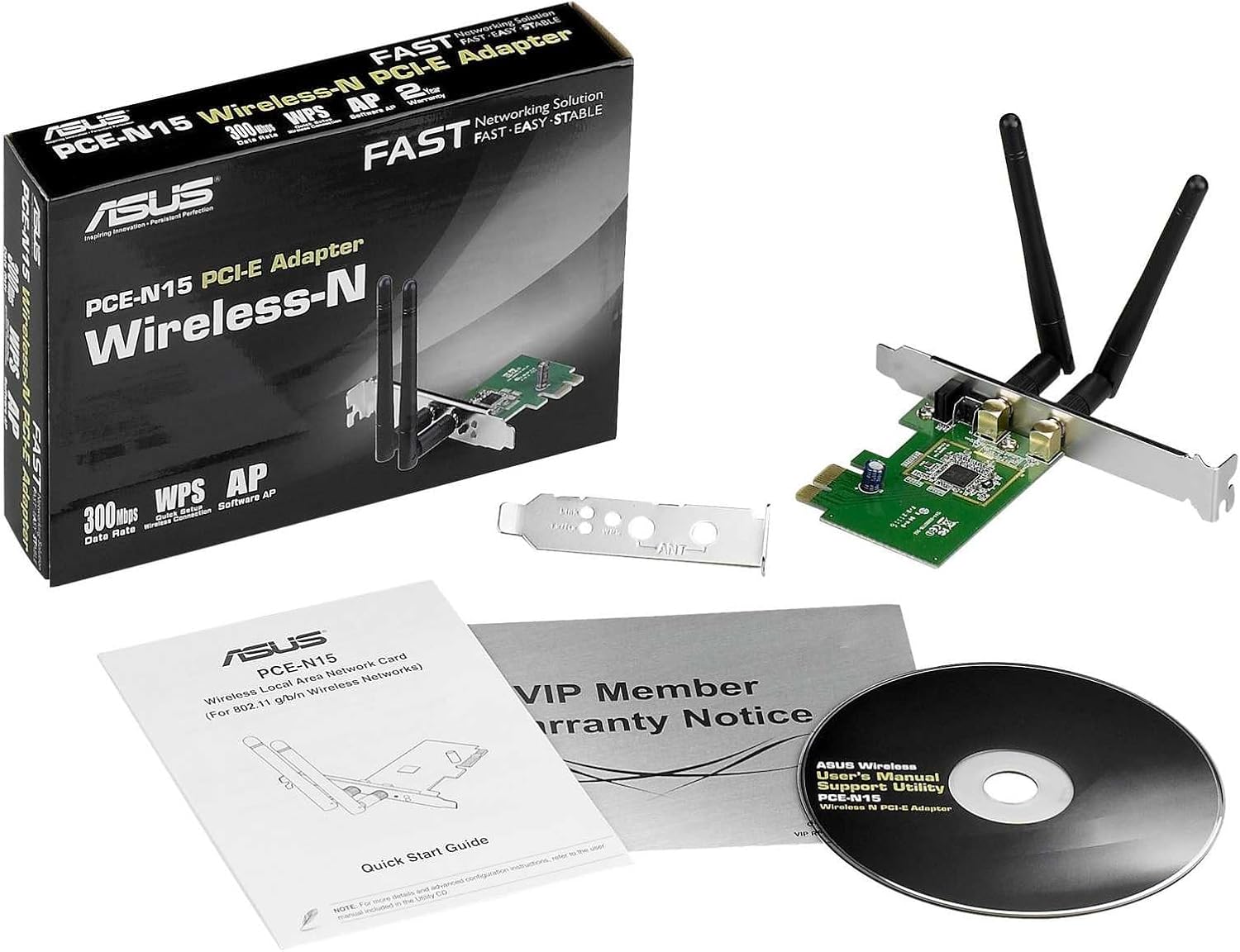 ASUS(PCE-N15) maximum performance Wireless-N Network Adapter ( 300Mbps Transmit / 300Mbps Receive) with PCI-E interface, Include Full Height and Low Profile bracket, WPS button Support
