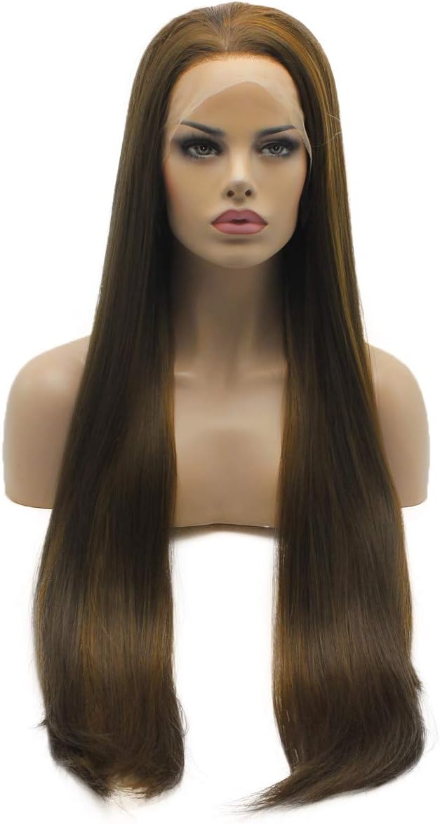 Straight Extra Long Silky Brown Honey Blonde Mix Wig Half Hand Tied Heat Resistant Heavy Density Synthetic Lace Front Wig