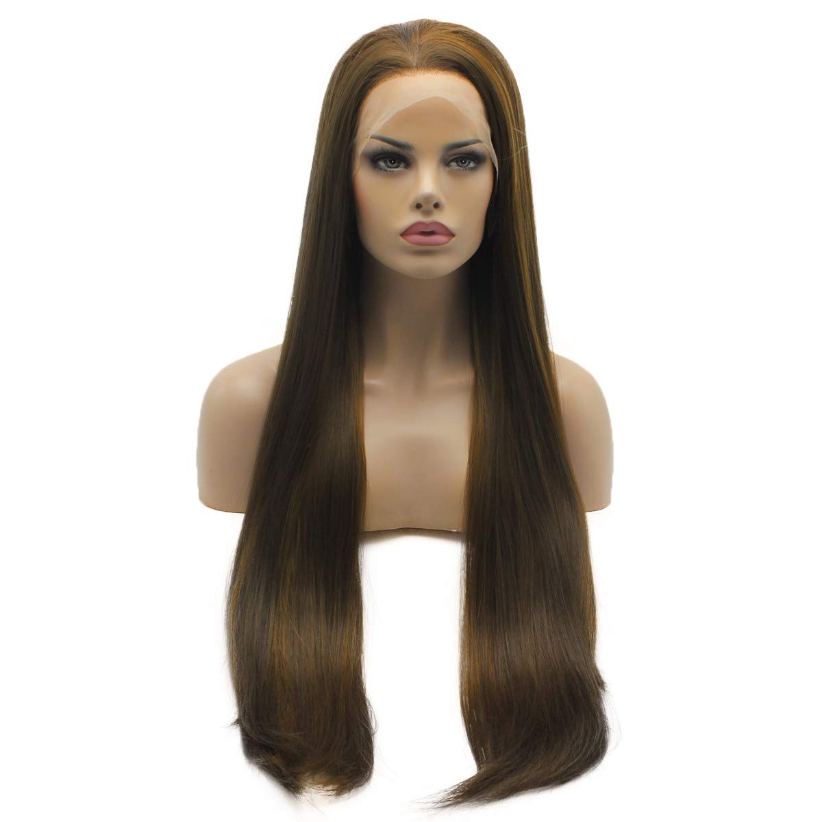 Straight Extra Long Silky Brown Honey Blonde Mix Wig Half Hand Tied Heat Resistant Heavy Density Synthetic Lace Front Wig