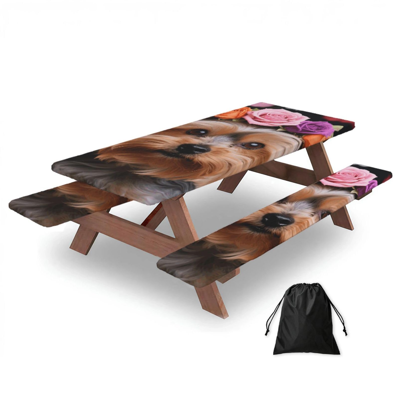 FekiLoot Yorkie Floral Picnic Table Cover with Bench Covers and Bag, Windproof Waterproof Rectangle Tablecloth with Elastic Edges Fitted Camping Table Covers for Picnic Party Travel