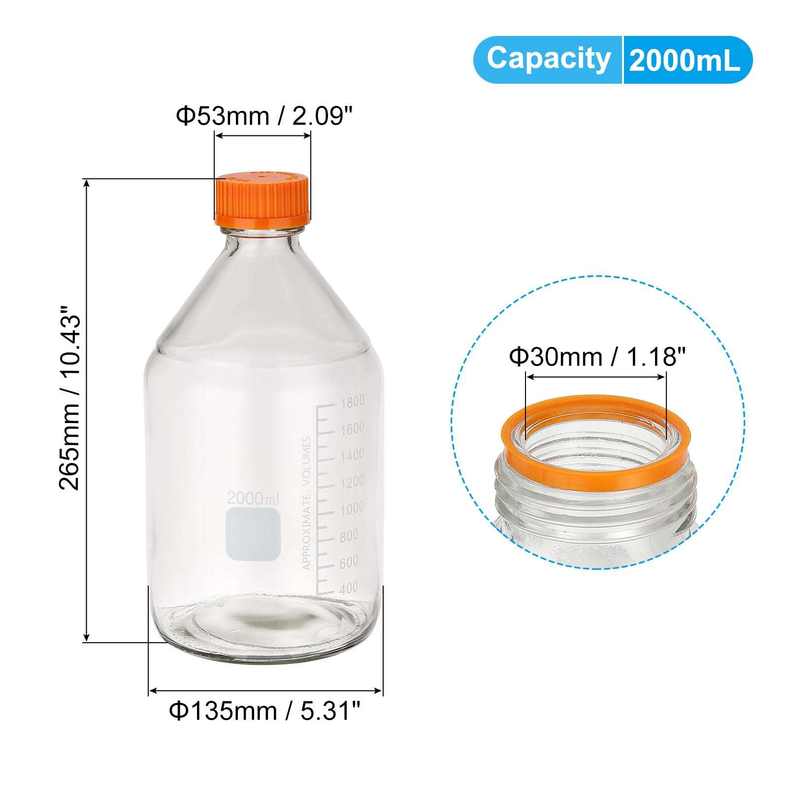 PATIKIL 1 Confezione Flaconi Per Conservazione Reagenti, 2000ml Borosilicato Vetro Graduato Flaconi Rotondi Con Coperchio A Vite Arancione GL32 Per Liquidi Reagenti Laboratorio