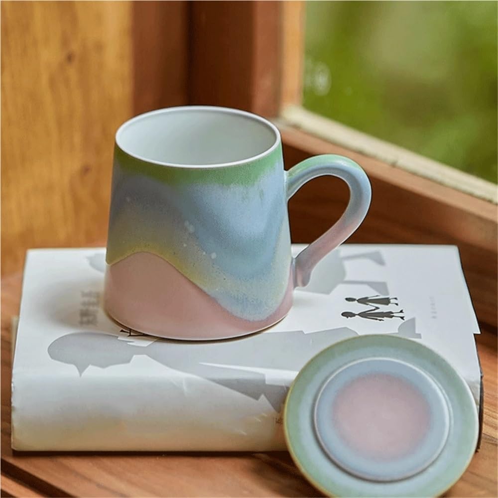 Kubek do herbaty Mały świeży różowo-zielony kubek z pokrywką, zestaw 1 ceramicznego kubka do kawy o pojemności 11,5 uncji dla par i rodziny