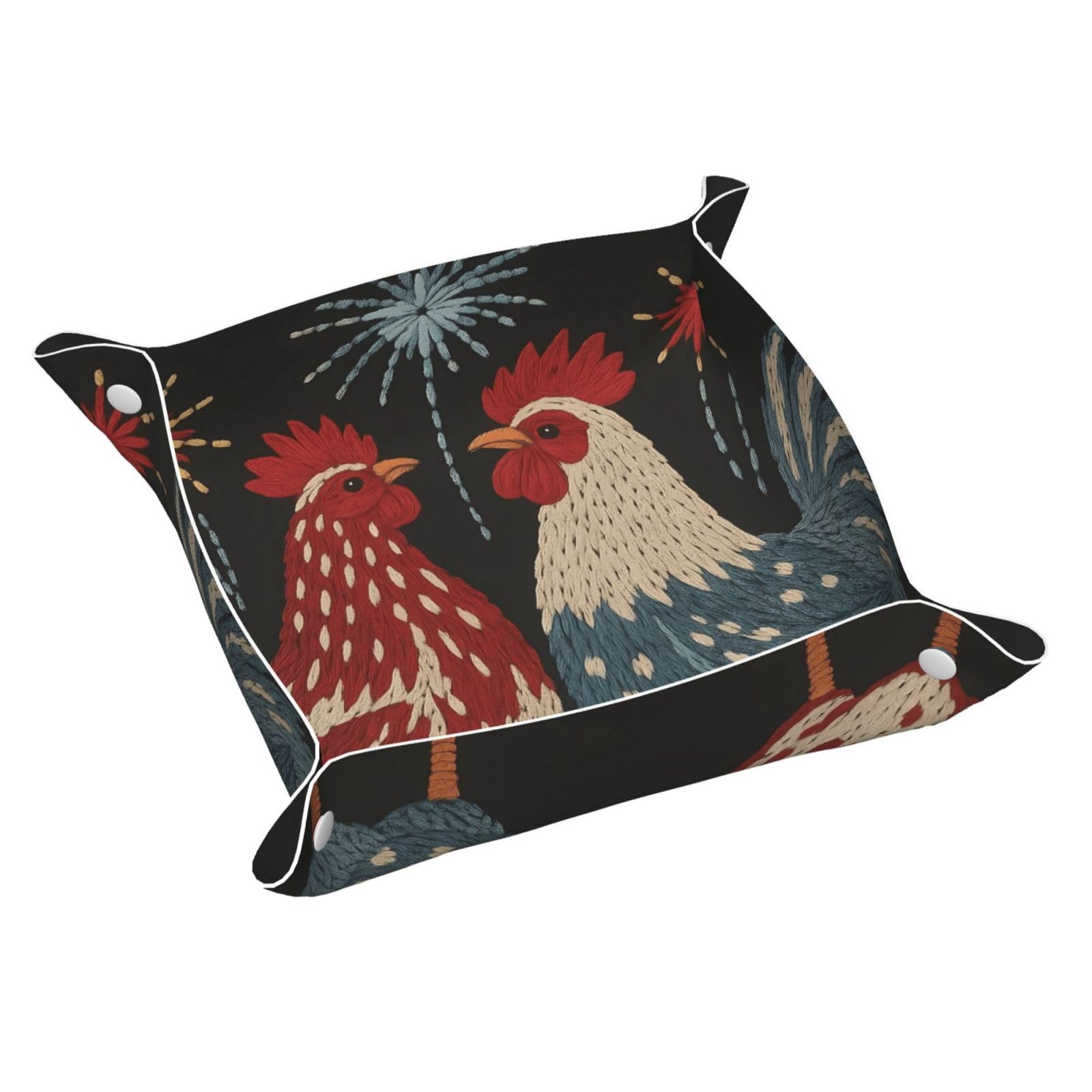 HLBSDM Rustic Red Blue Chickens & Fireworks Tray Men's Leather Valet Parking Portable Entrance Trays Bedside Storage Box