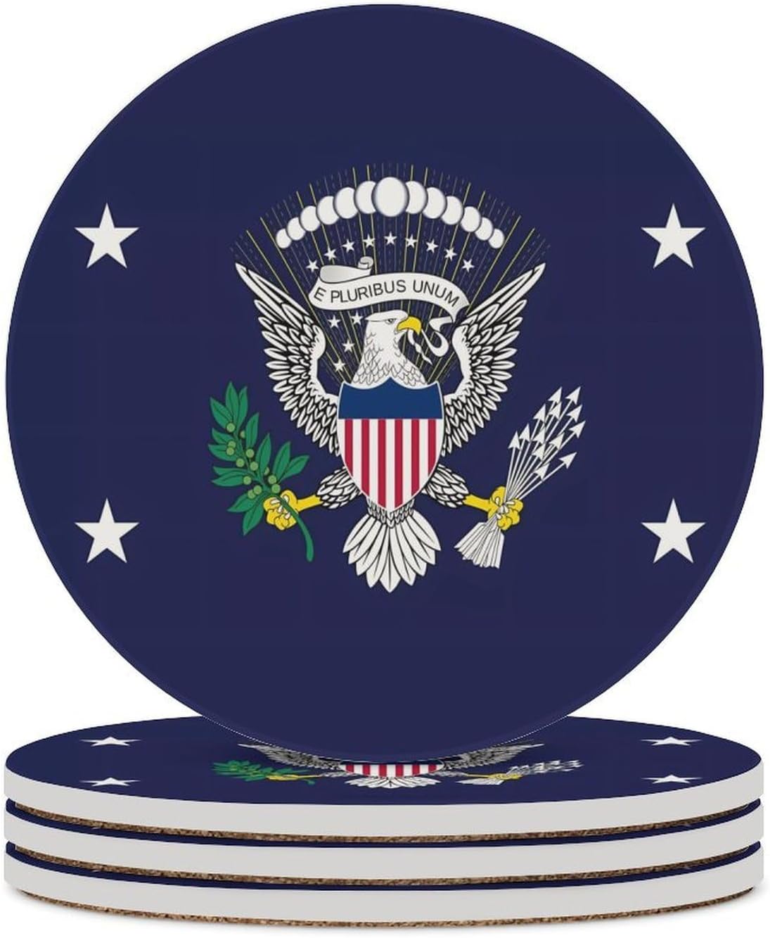 Flag of The President of The United States Round Ceramic Coasters for Drinks Absorbent Cup Holder Tabletop Protector with Cork Base