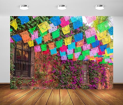 BELECO 7x5ft Fabric Mexican Street Backdrop Mexican Fiesta Colorful Paper Flags Scene Vintage Houses with Floral Wall Background Mexican Themed Party Decorations Holiday Celebration Photo Props