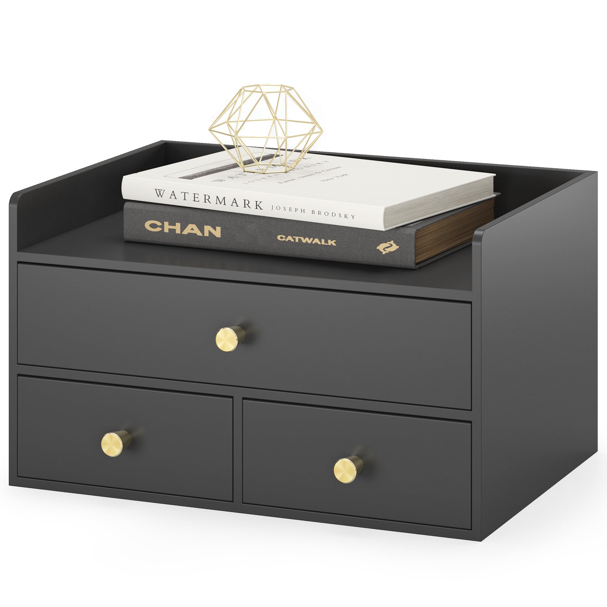 bamboo desk organizer with drawers wooden desktop storage drawers for bills office supplies kitchen utensils organizing tool for home classroom organization no assembly (3 drawers, black)