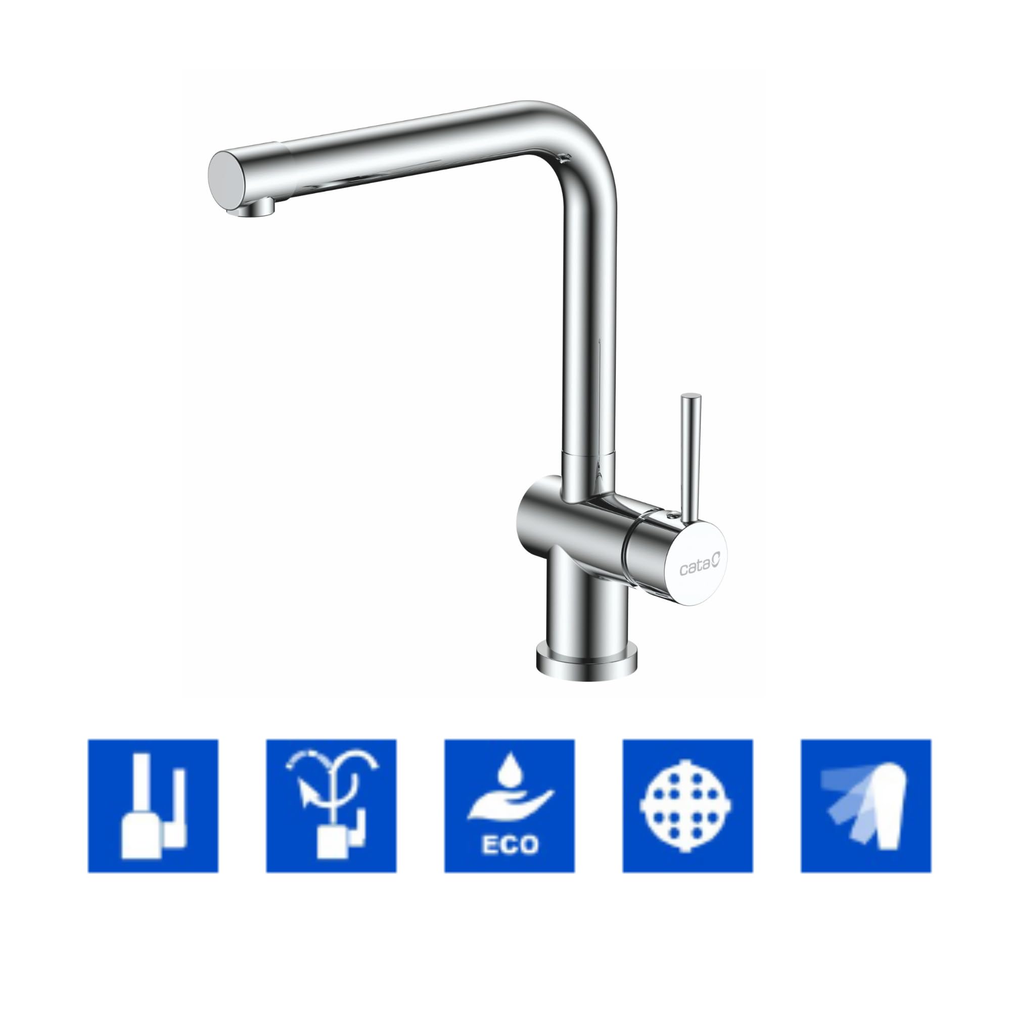 CATA Grifo De Cocina CSA CROMO/D Monomando Caño Bajo Giratorio 360º Acero Inoxidable Aireador Anticalcáreo Cartucho Cerámico Apertura En Frío Reductor Caudal 5L Conexión Flexible Acabado Inox