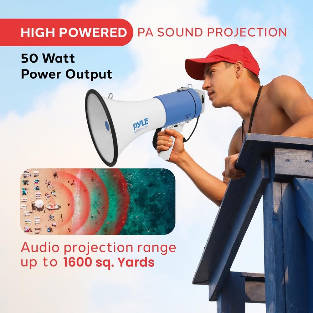Pyle Altavoz megáfono de 50 W con micrófono, megáfono de megáfono Fuerte con Sirena y Volumen Ajustable, Mega teléfono Hailer Fuerte, Uso en Interiores y Exteriores, Recargable, policía