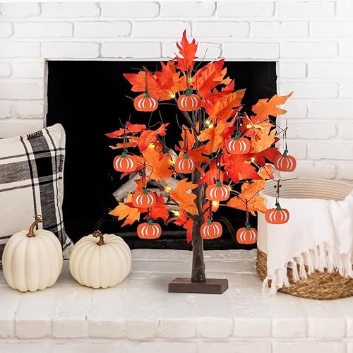 Miniatura 7 de hogardeck Decoraciones de otoño para el hogar, árbol de hojas de arce iluminadas de 24 pulgadas y 2 pies, decoración de otoño con 24 luces LED