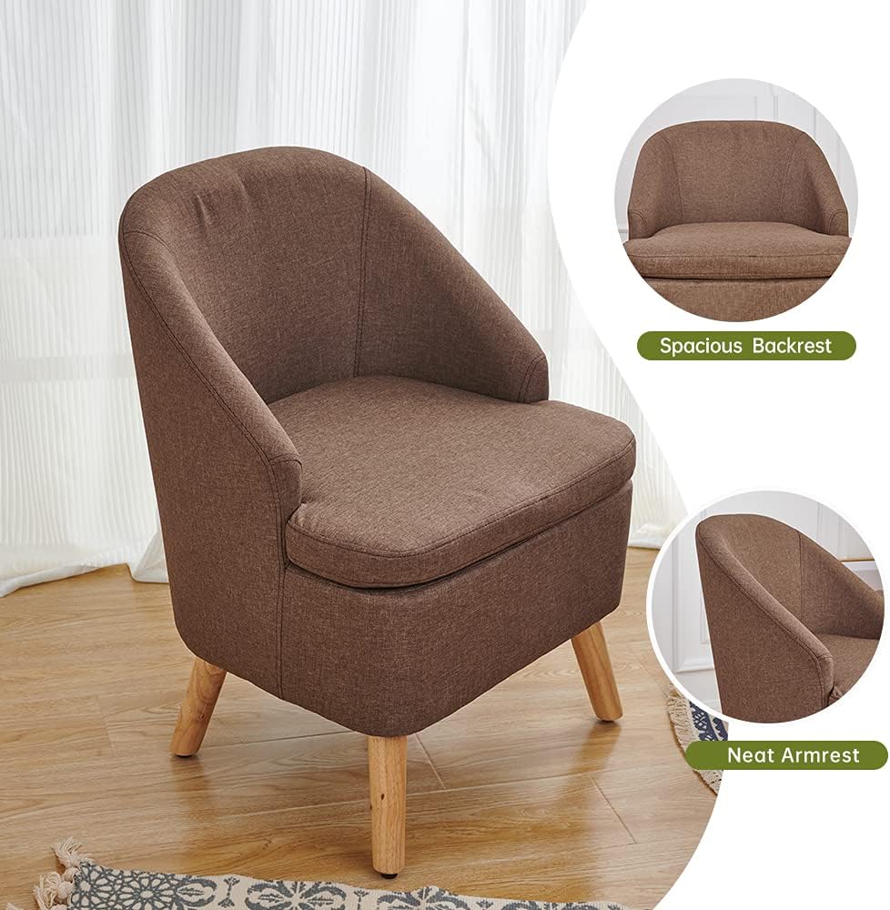 Cute Upholstered Accent Club Coffee Chair with Barrel Style, Cotton Linen Like Fabric Round Single Sofa for Wooden Leg Living Room Bedroom, Large