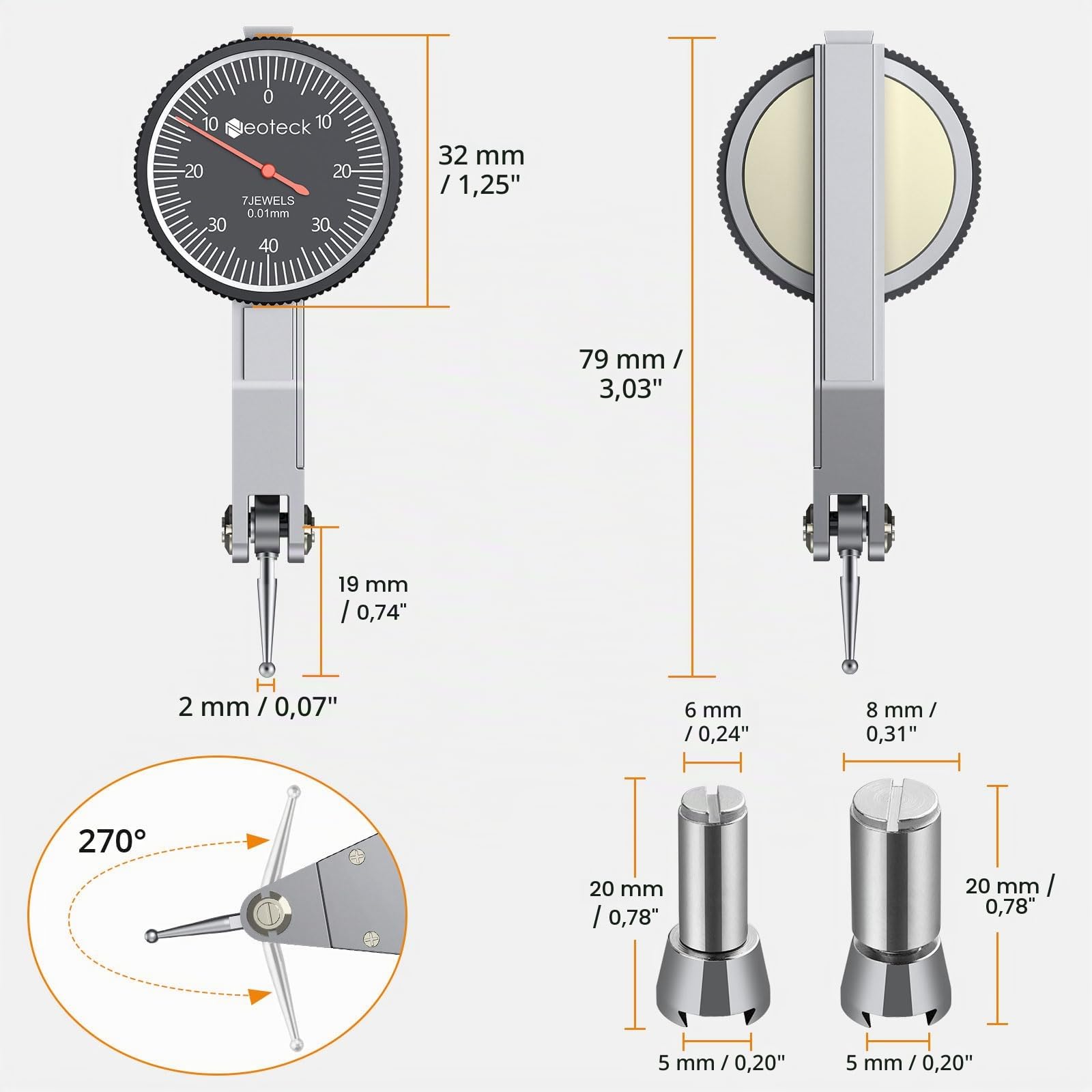 Neoteck Indicatore di Prova a Quadrante 0-0.8mm con Base Magnetica 90lbs/40kg Set Comparatore a Leva Metrico 0.01mm Supporto Magnetico Forte con Custodia Protettiva per Laboratori, Officine Meccaniche