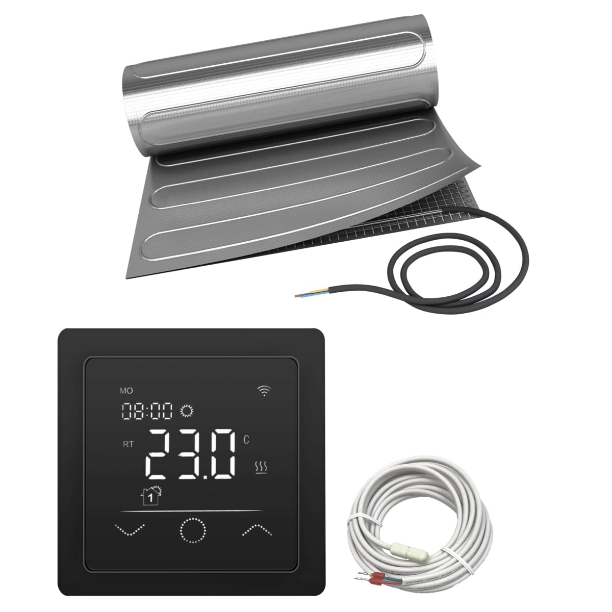 Elektrische Fußbodenheizung HoWaTech ALU für Laminat Parkett Vinyl Komplett Set TWIN Heizmatte 150 W/m² inkl. Thermostat WLAN WIFI Touch schwarz, Heizfläche:5.00m²