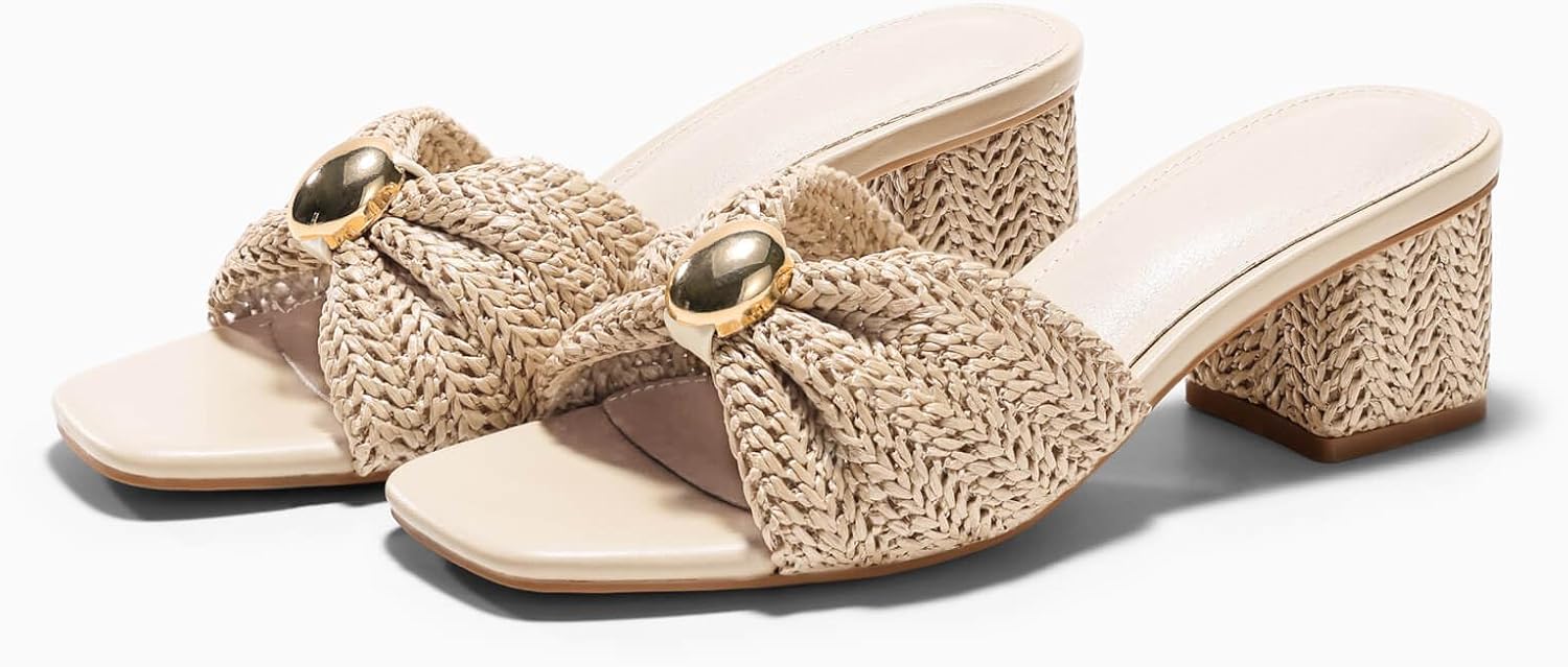 Coutgo Womens Low Chunky Block Heels Raffia Sandals Square Open Toe Slip On Slides Summer Beach Dress Shoes