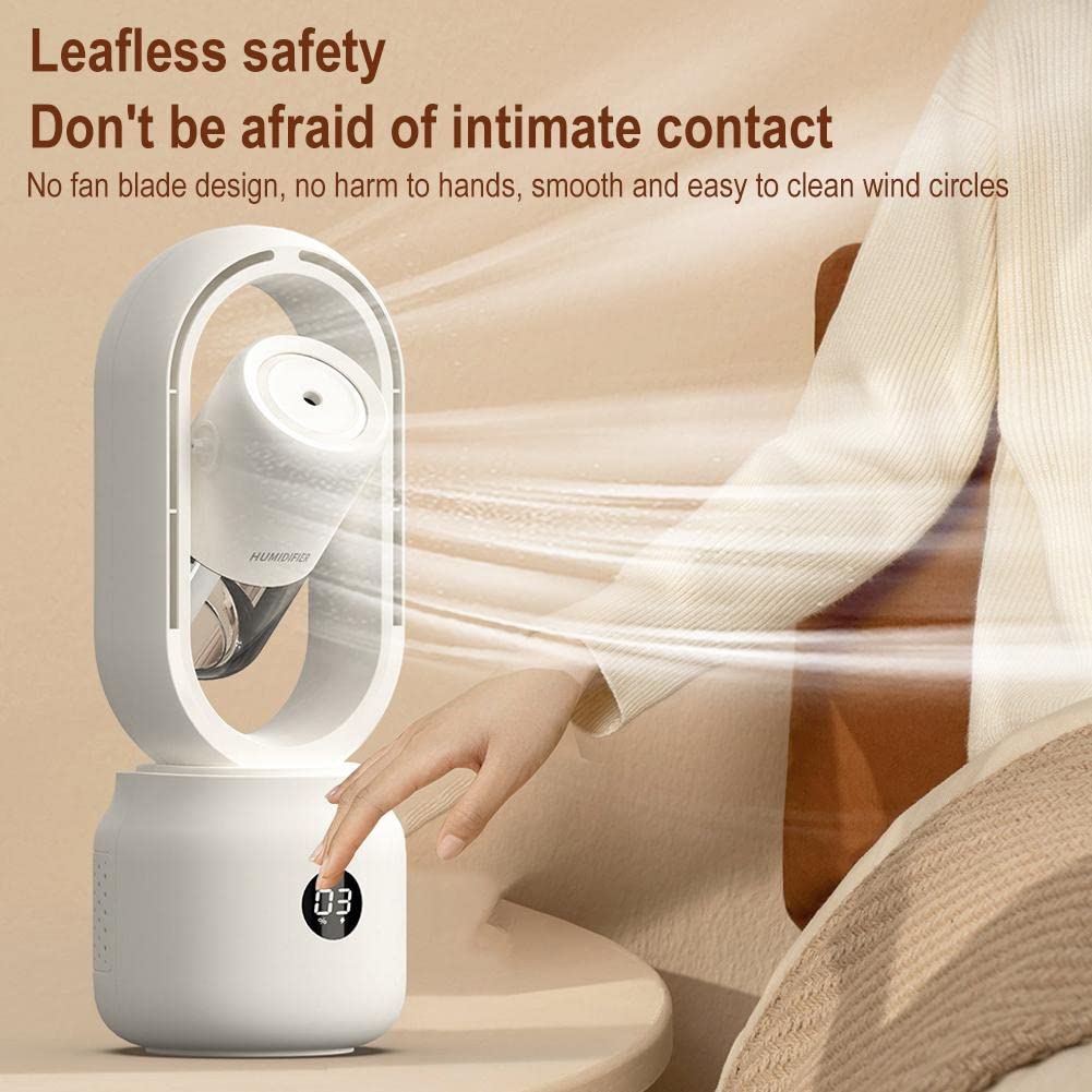 Ventilatore senza pale, condizionatore d'aria ricaricabile 3 in 1, ventilatore portatile, ventilatore da tavolo, display a LED con circolazione a 360° con luce notturna, ventilatore raffreddatore d'ar