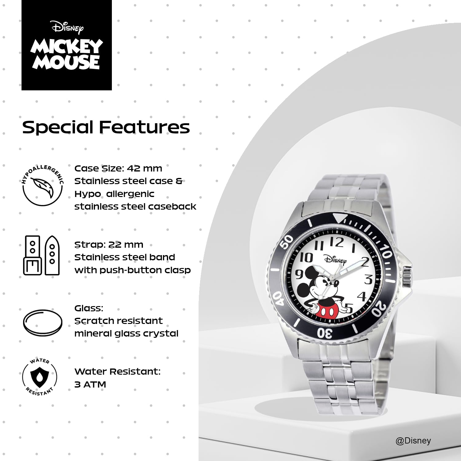 Disney Homme W000524 Mickey Mouse Honor Acier Inoxydable Bracelet Montre