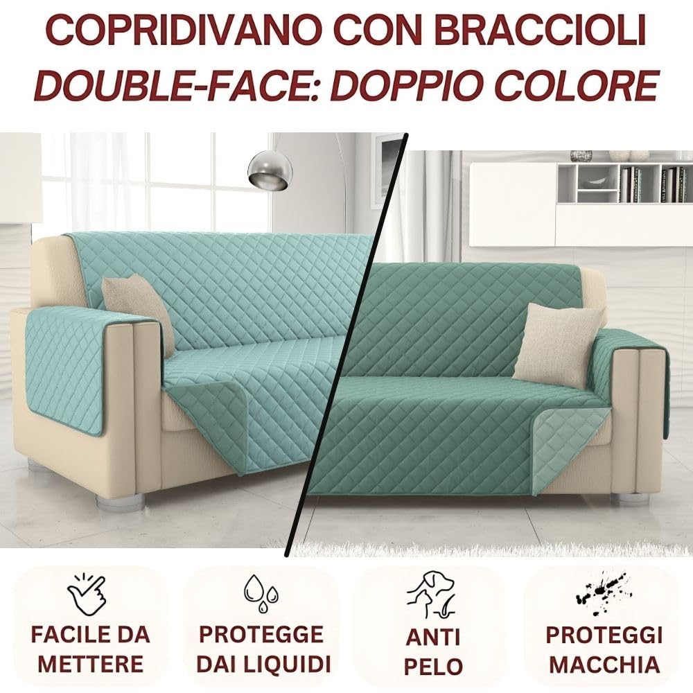 L'ANTICO ARCOLAIO - Copridivano 3 Posti Resistente ai Graffi e Antiscivolo, Reversibile in Microfibra Double Face Verde/Salvia
