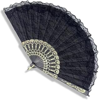 KEQAR Abanico Mano Negro Encaje Abanico Boda Abanico Pleagable Abanico Abanico Baile Abanico Boda Verano (Negro)