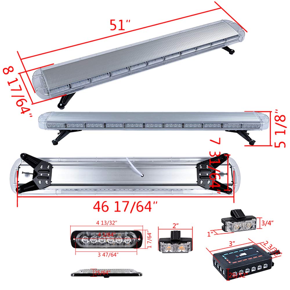 51 inch Amber 96 LED Emergency Beacon Strobe Light Bar + 16pcs Ultra Slim 6-LED Flashing + 16pcs 2-LED Grille Flash Lamps with Clips Pattern Switch Control Box Kit Recovery Car Tow Truck Response Plow