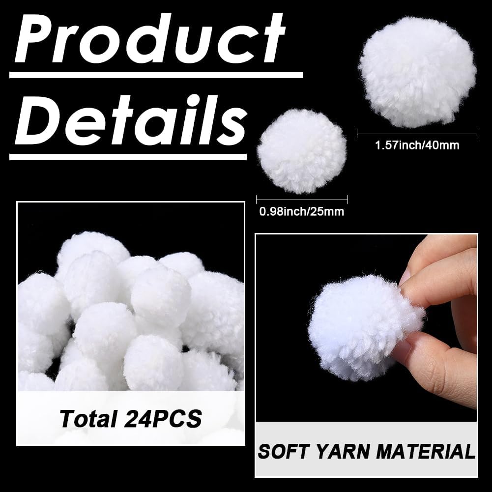 SUNNYCLUE 24Pcs White Pom Pom Balls Wool Pompom Balls 1/1.5 Inch Fluffy Soft Fuzzy Yarn Arts and Crafts Decor Findings for DIY Christmas Handmade Arts Projects Holiday Party Hanging Decorations