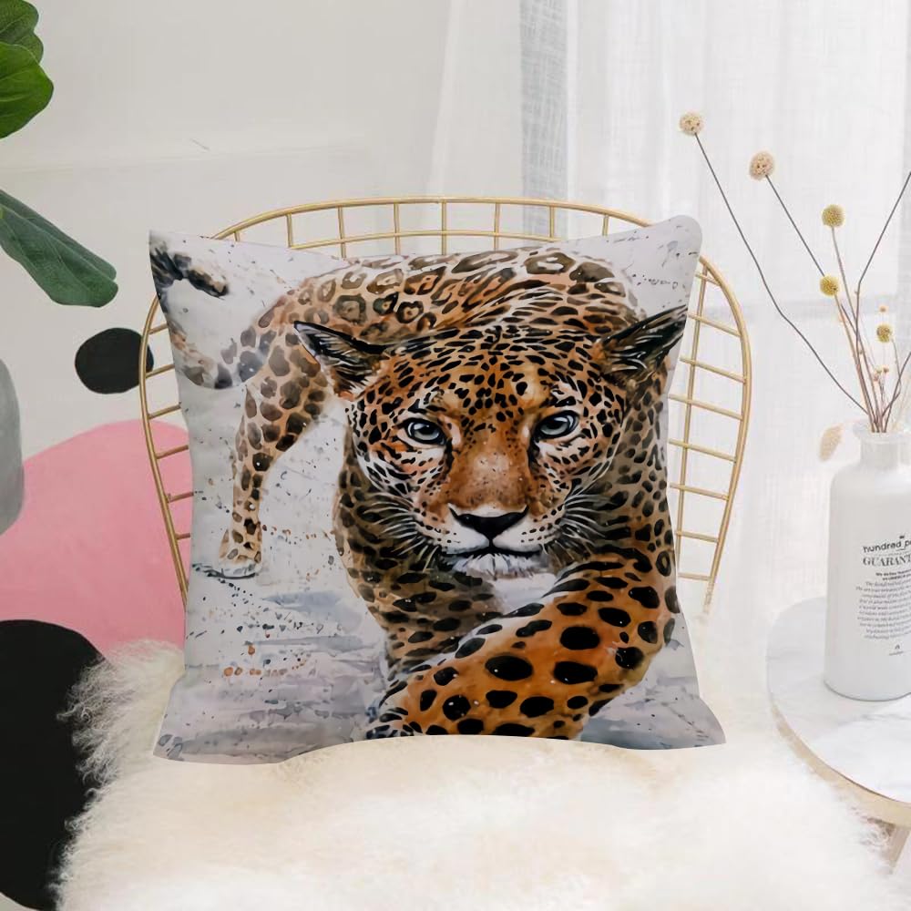HYOSXW Cushion Cover,Throw Pillow Case Home Decorative for Living Room Bedroom Sofa Chair 16X16 Inch,Leopard, animated portrait of a leopard with inky smudged colors,Pillowcase 40X40cm