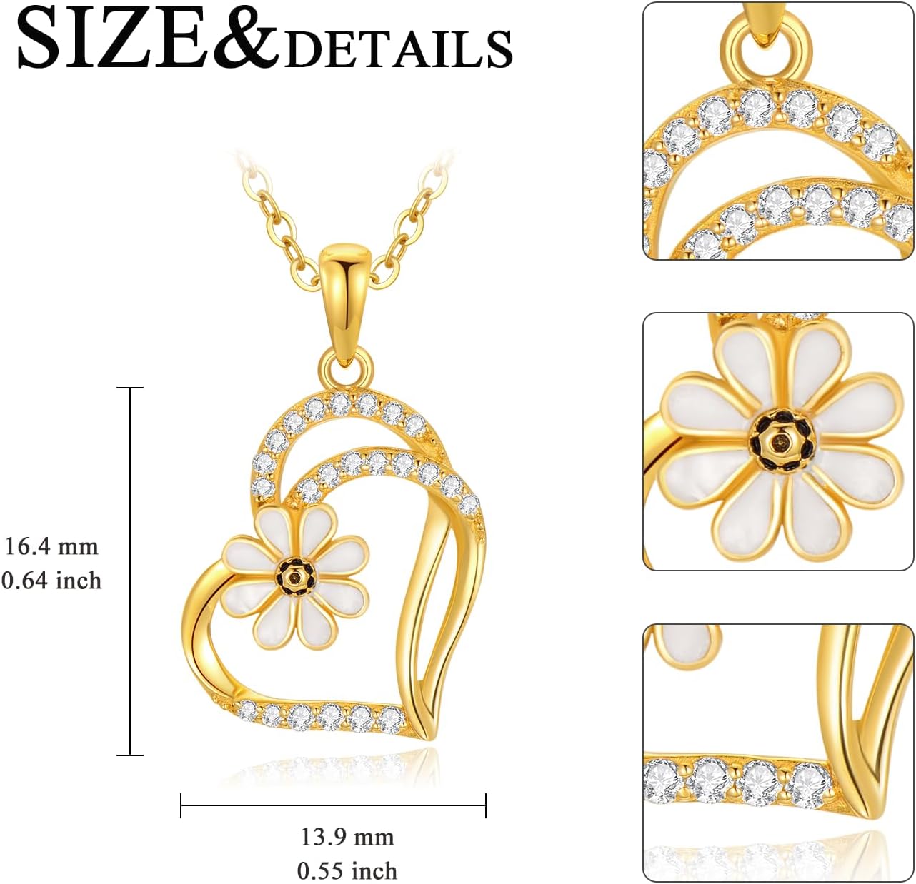 Daisy Pendant Necklace for Women 14K Yellow Gold Daisy Necklace with Double Heart Flower Jewelry Gift for Mom Wife - Image 5