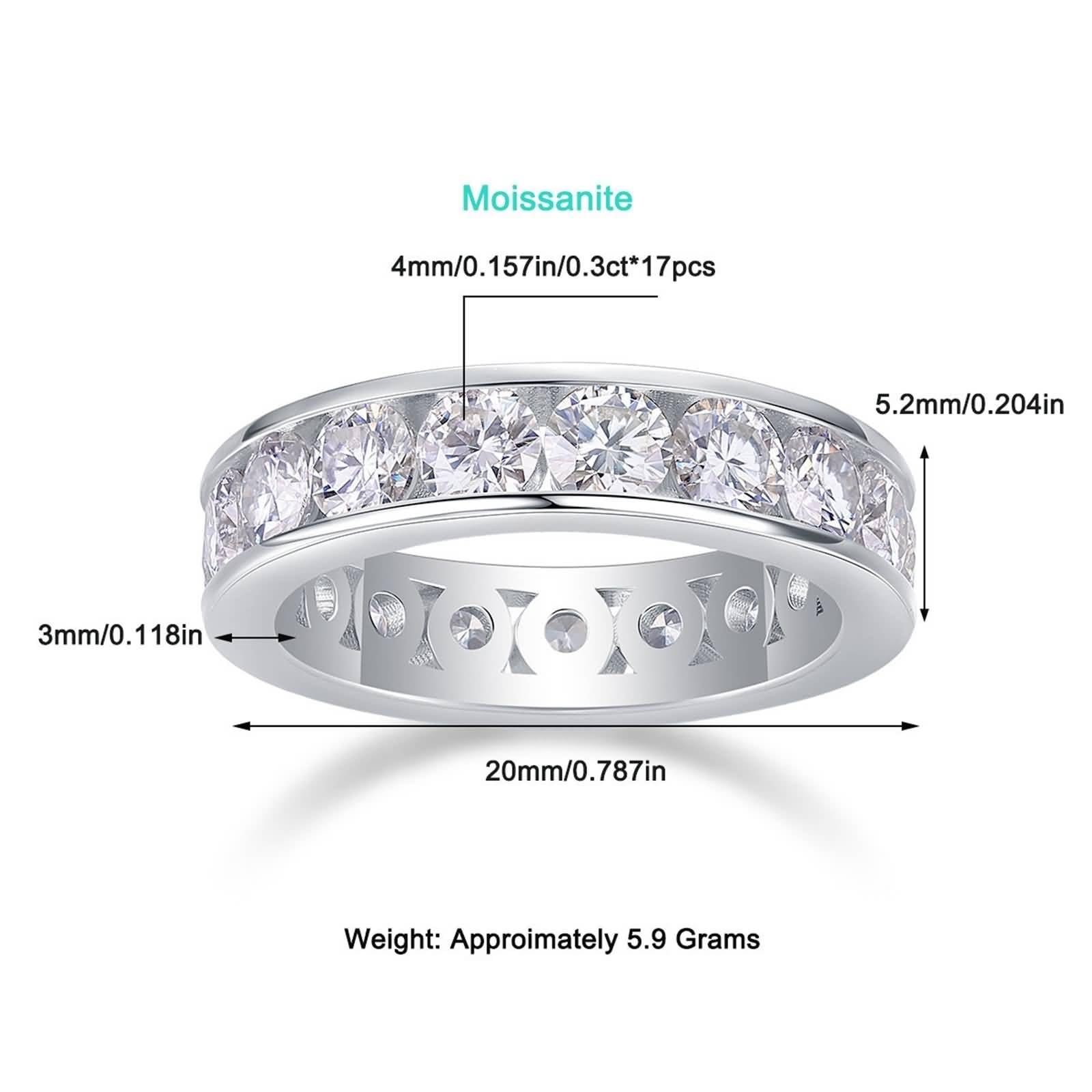 Ring Damen Zierlich, Memoire Ring Ring mit 5,2 mm Breite und Einer Reihe Von 4 mm Runden Moissaniten 5.1Ct Silber 14K Weißgold Größe 47 (15.0)