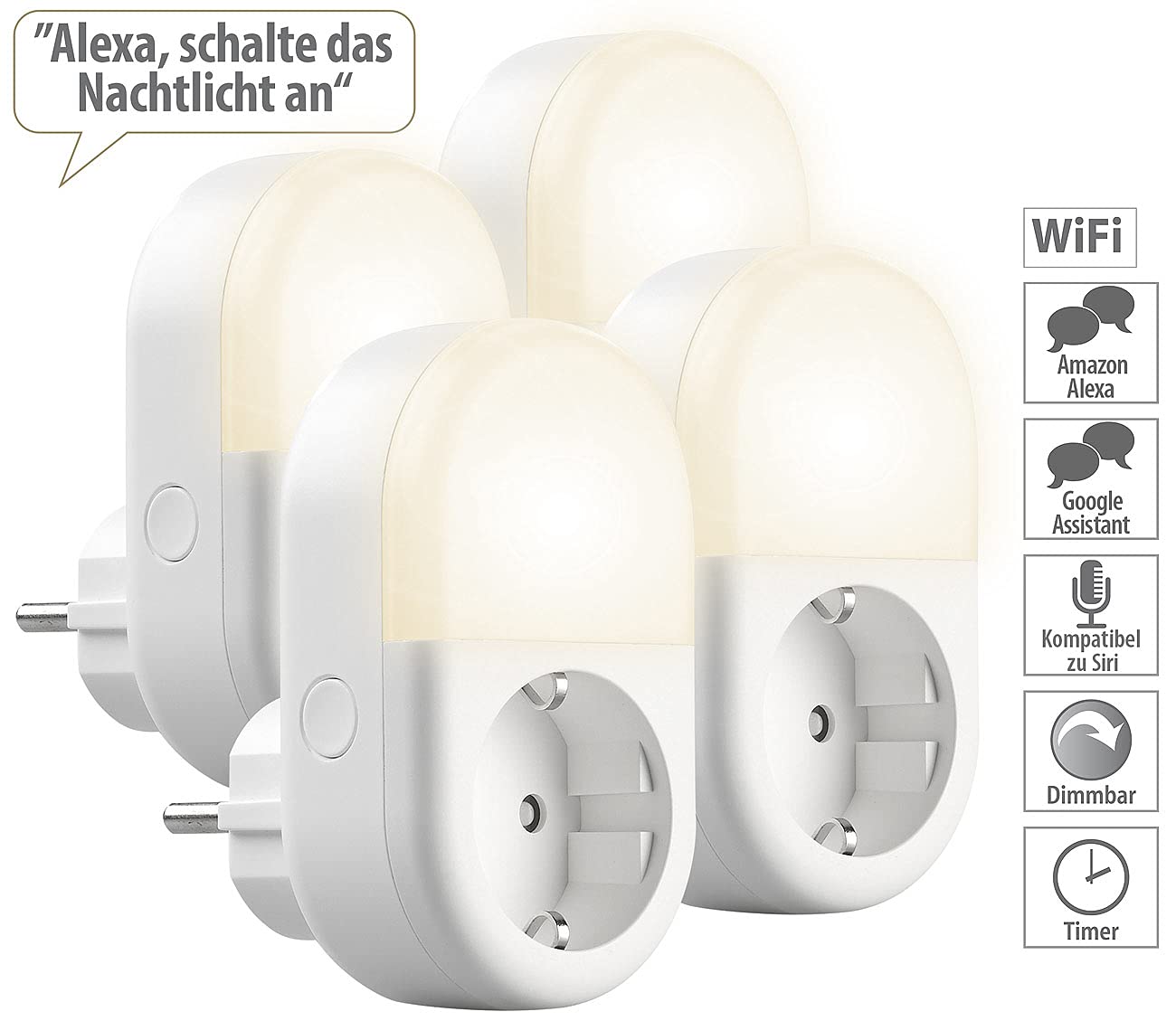 Luminea Home Control Nachtlicht mit Timer: 4er-Set WLAN-Steckdose mit LED-Nachtlicht, App & Sprachsteuerung, 16 A (Nachtlicht Elesion, smartes Nachtlicht)